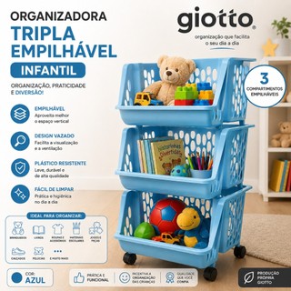 Organizadora Triplo Empílhavel Azul Infantil Detalhes Vazado  Fruteira organizador utensilios quarto