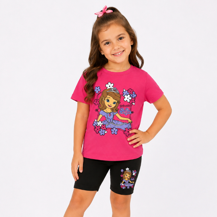 Conjunto Feminino Infantil Princesa Sofia, Bermuda Cotton Blusinha Viscolycra