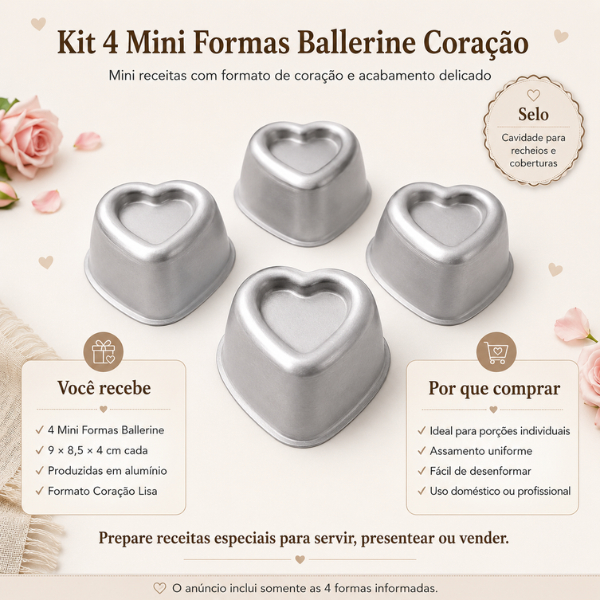 Kit 4 Mini Formas Ballerine Coração Lisa Caparroz 9x8,5x4cm Alumínio Mini Bolos Tortas Brownies Sobremesas