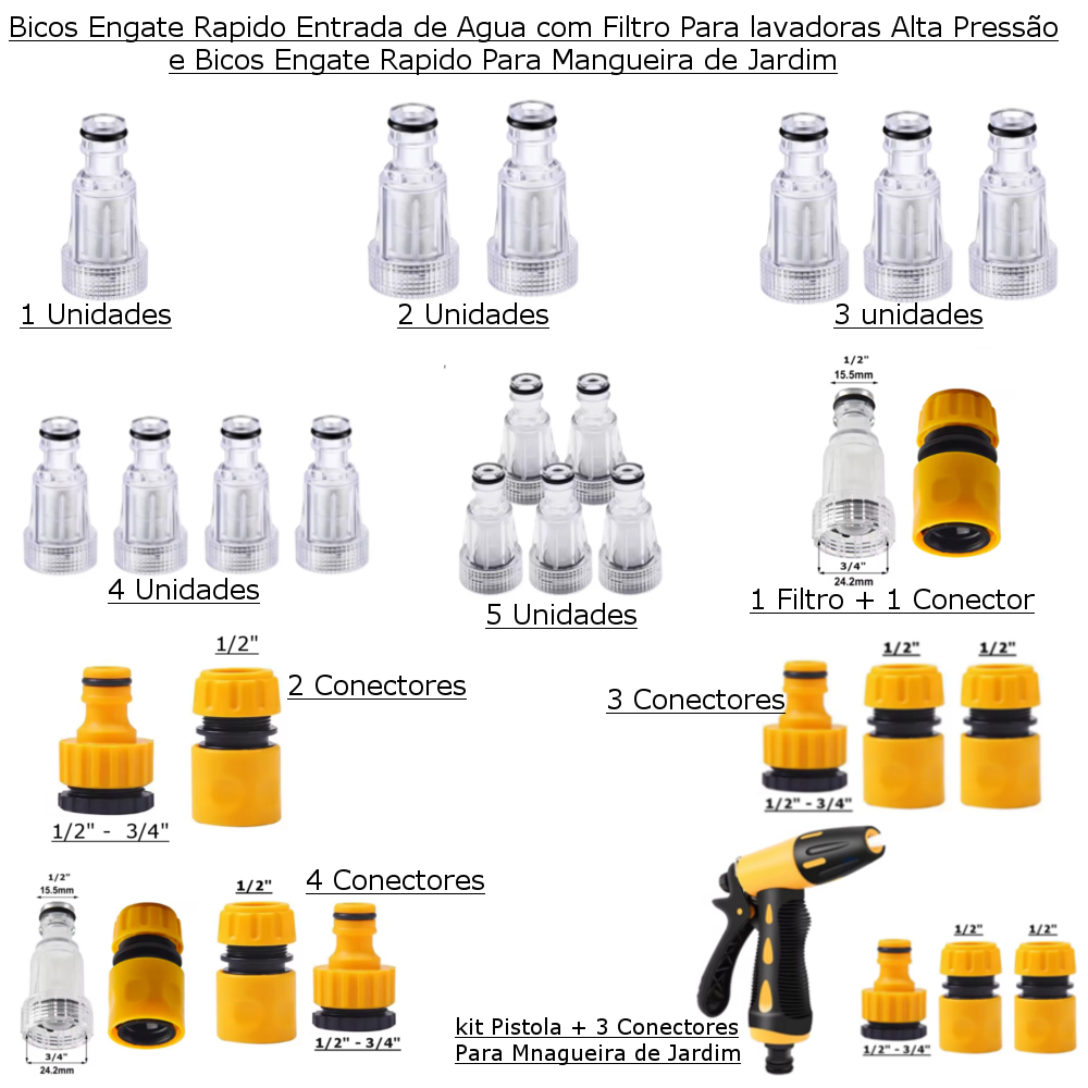 Bico de Entrada de Agua Trasnparente com Filtro para Lavadoras Alta Pressão Engate 1/2" x  3/4" ,e Kits Tbm Para Jardim