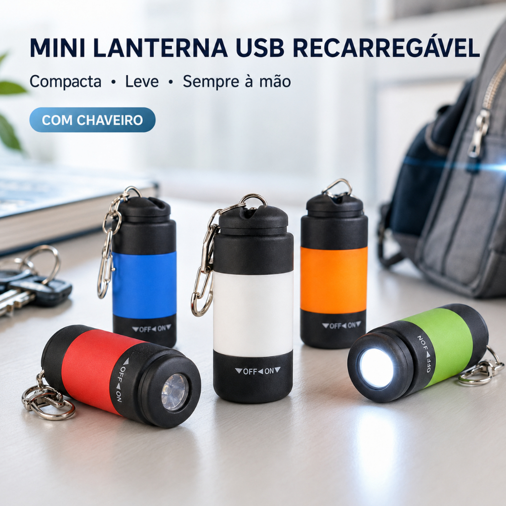 Mini Lanterna LED USB Recarregável Chaveiro Portátil Para Casa Carro Camping LED Compacta Para Emergência Carro e viagen