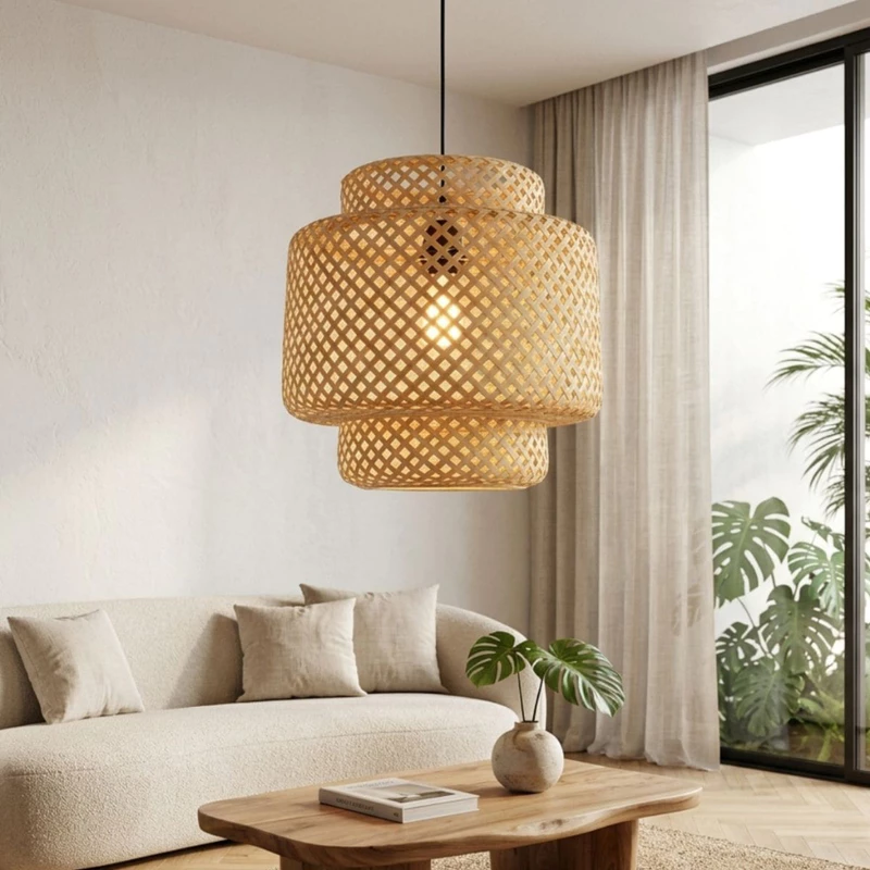 Conjunto de Luminárias Pendentes de Teto em Bambu Rattan Rustico — foto 7