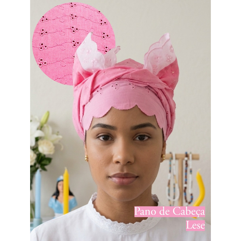 Pano de cabeça ojá lese renda bordado branco rosa amarelo oxum iansã umbanda candomblé orixa