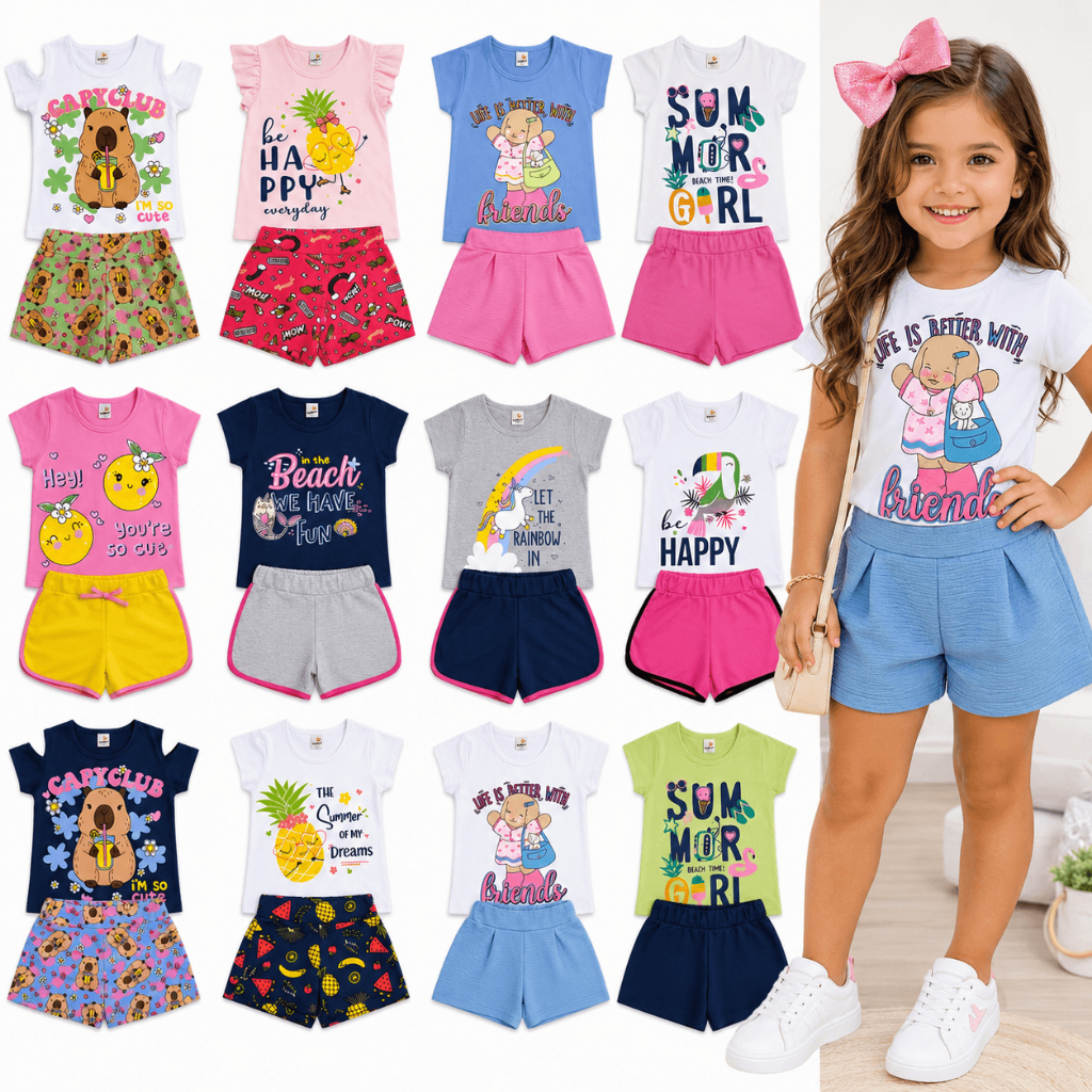 Kit Conjunto Infantil Menina Verão do 2 ao 12 anos | Roupa Infantil e Juvenil Feminina Camiseta Manga Curta + Shorts