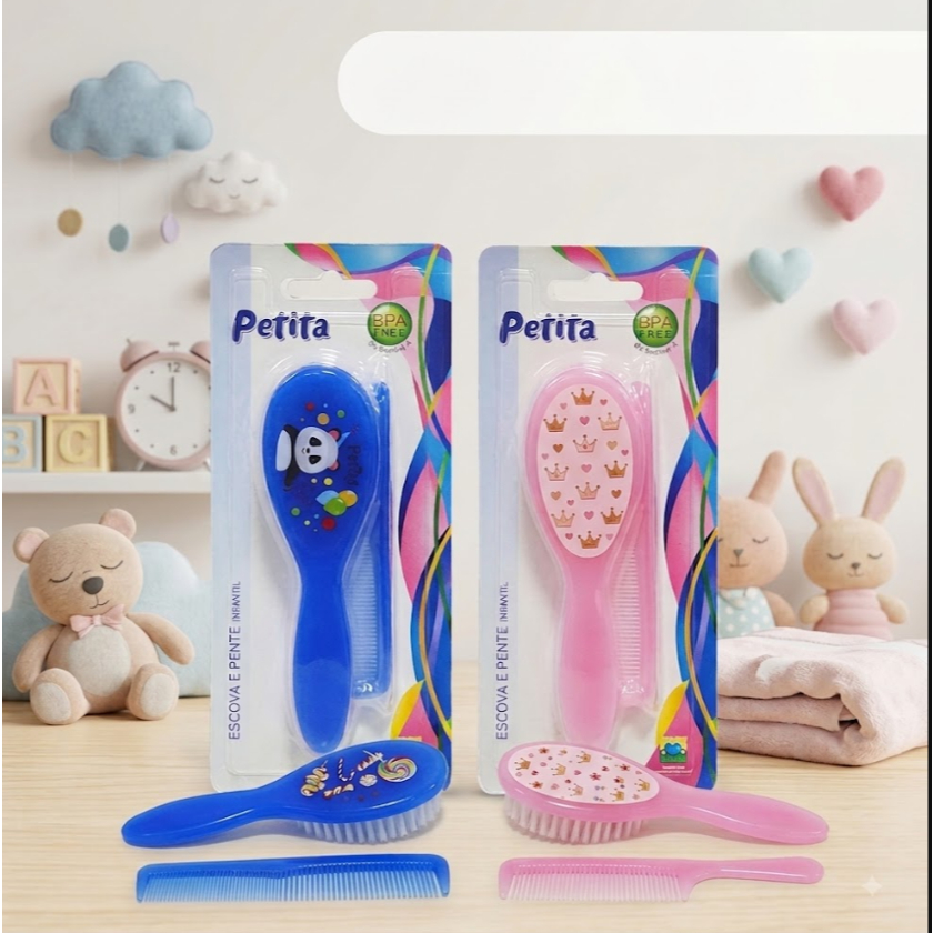 Kit Pente + Escova de Cabelo Bebê Infantil com estampas Sortidas, Azul E Rosa