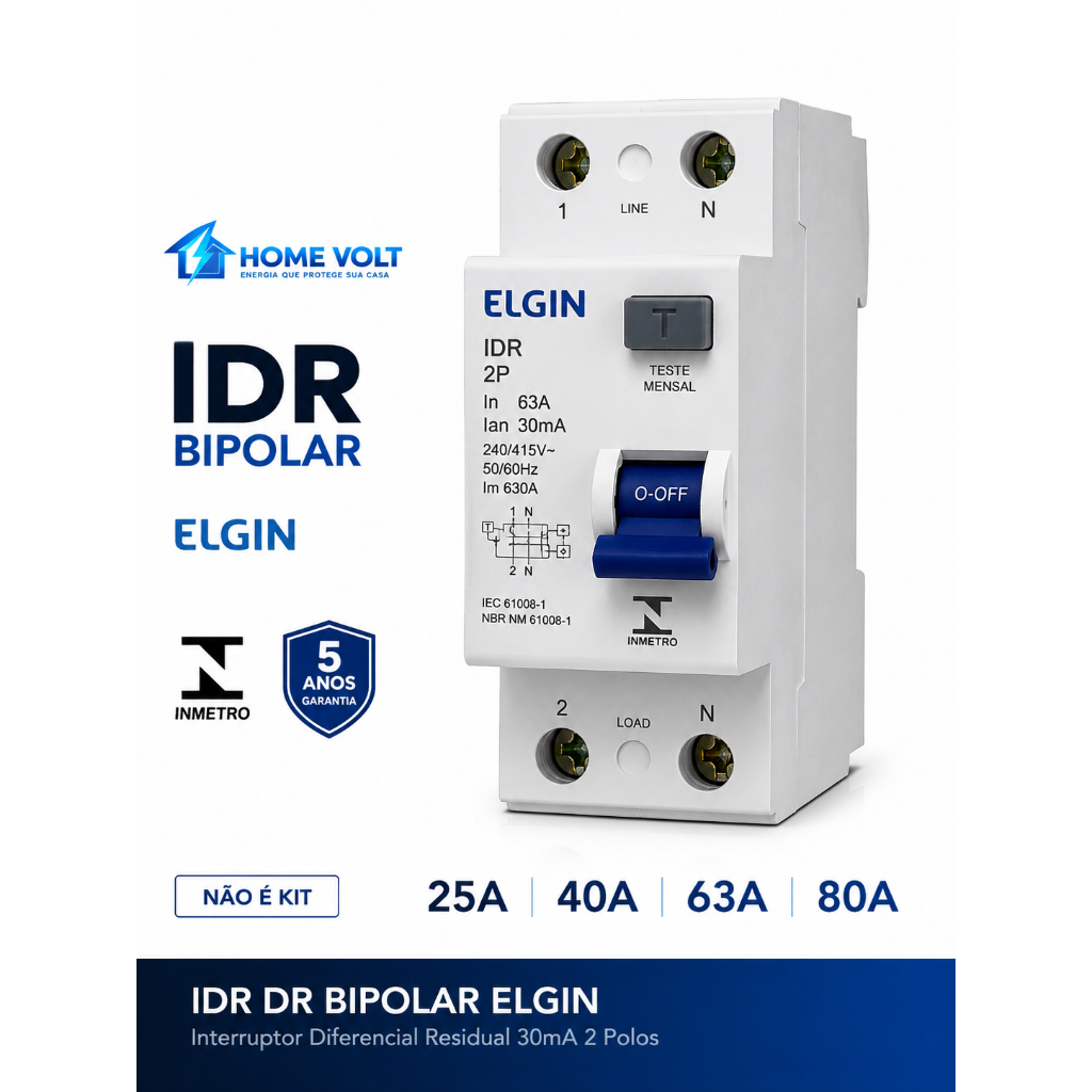 IDR DR Bipolar Elgin 25A 40A 63A 80A Interruptor Diferencial Residual 30mA 2 Polos Proteção Elétrica
