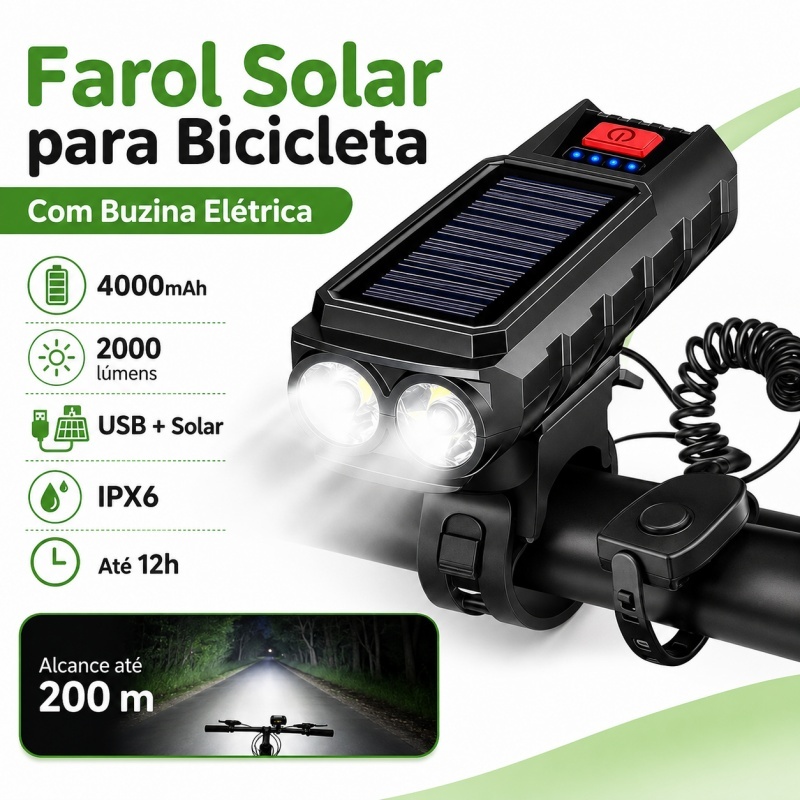 Lanterna Farol Bike Solar LED com Buzina 150dB 4000mAh Recarregável USB IPX6 Power Bank