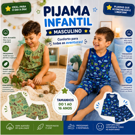 Pijama Menino Regata Masculino Malha 100% Algodão Verão Estampado 1 ao 16 Anos