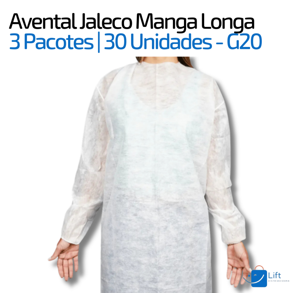 Avental TNT Jaleco Descartável 30un Branco Capote Manga Longa G20 - Pacote
