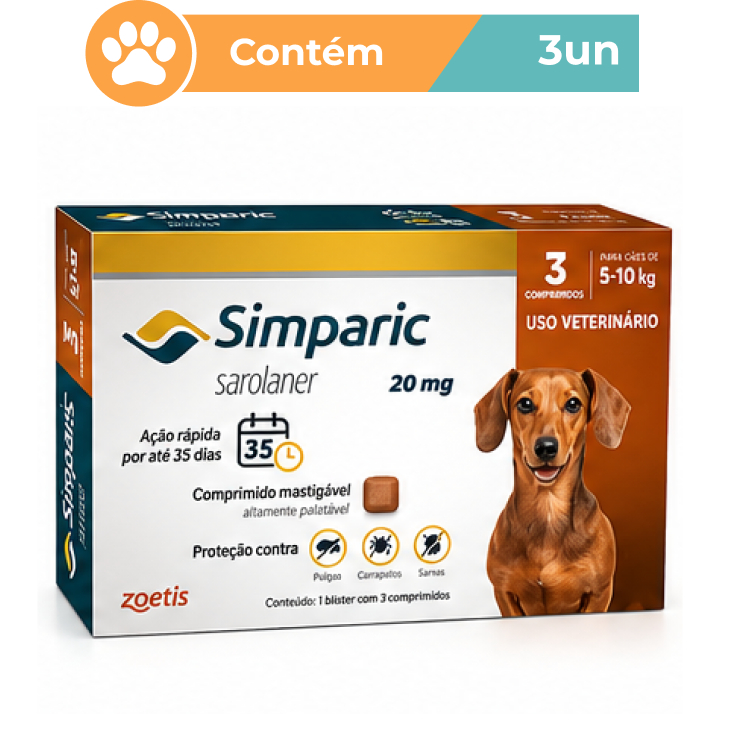 Antipulgas e Carrapatos Simparic 20mg para Cães de 5 a 10kg – 3 Comprimidos – Zoetis