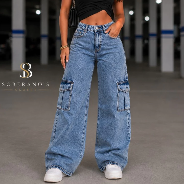 Calça Wide Leg CARGO Jeans Feminina Cintura Alta pantalona