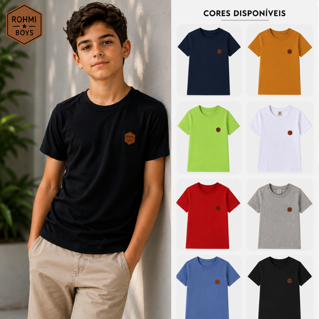 Camiseta Infantil Menino Básica Lisa 2 ao 12 Anos Algodão | Roupa Infantil Menino Verão Camiseta Manga Curta Menino