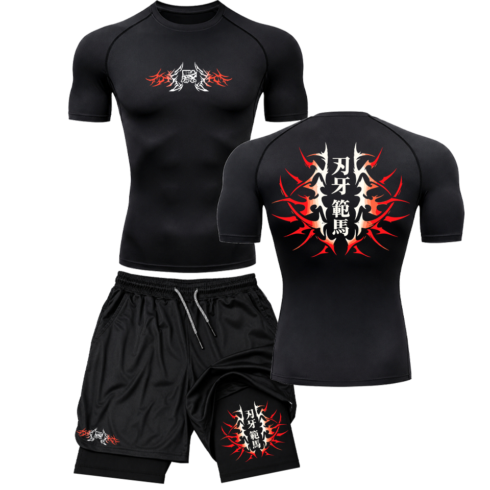 Kit Compressão Masculino Camiseta + Short 2 em 1 Academia Fitness Treino Baki Hanma The Grappler Yujiro