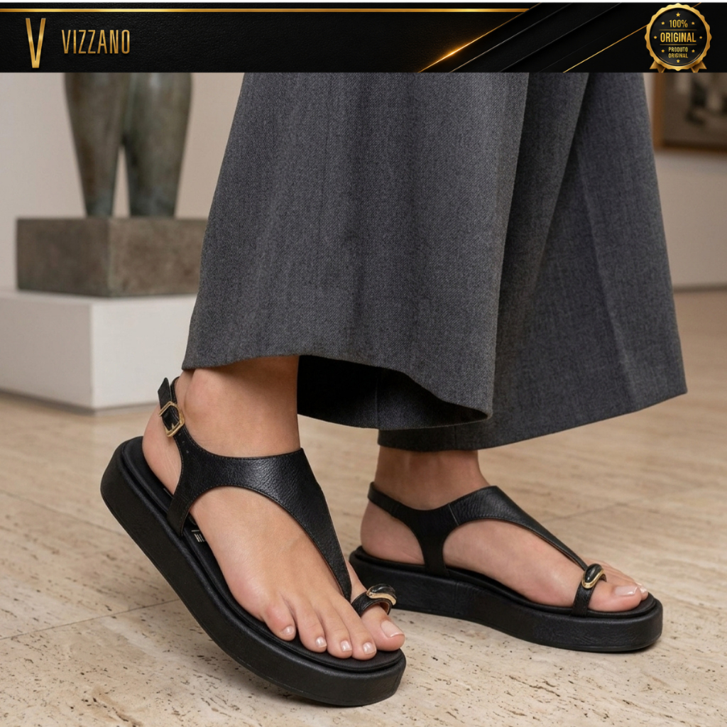 Sandália Vizzano Feminina Tira Asa-Delta Flatform Confortável Papete de Dedo Pedra Delicada Ring Toe 6506107 Original