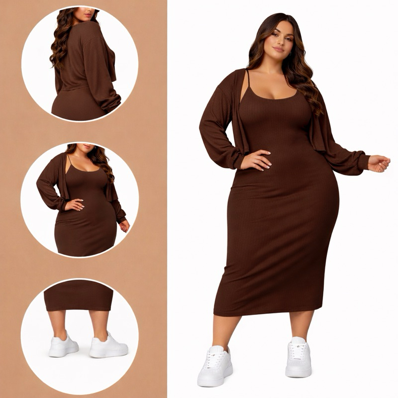 Conjunto Vestido Midi com Casaco Feminino Gringa Casual blogueira plus