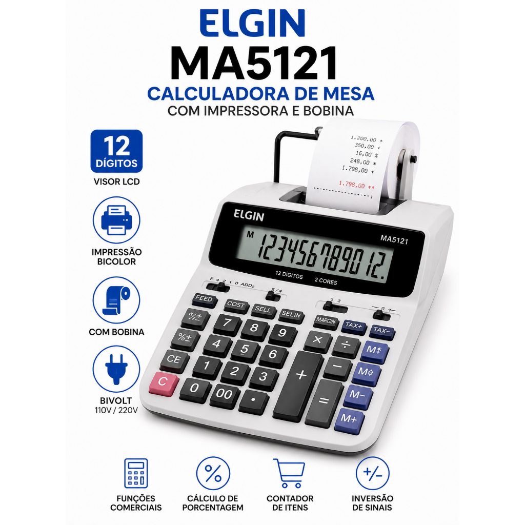 Calculadora de Mesa Elgin MA5121 com Bobina Impressora 12 Dígitos Impressão Bicolor Bivolt