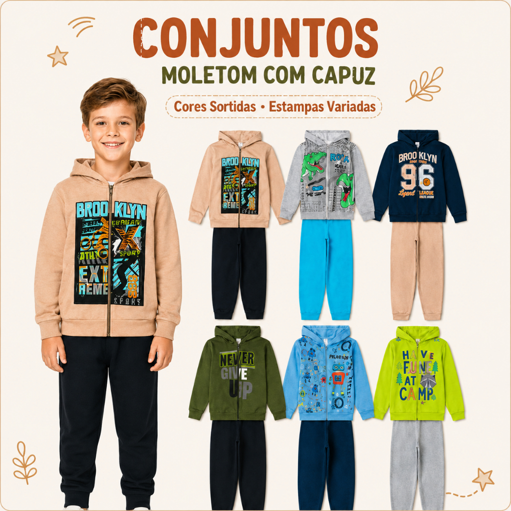 Kit 2 Peças (1 Conjunto) Moletom de Menino Inverno Roupa De Menino Capuz Zíper Tamanho 1 ao 14