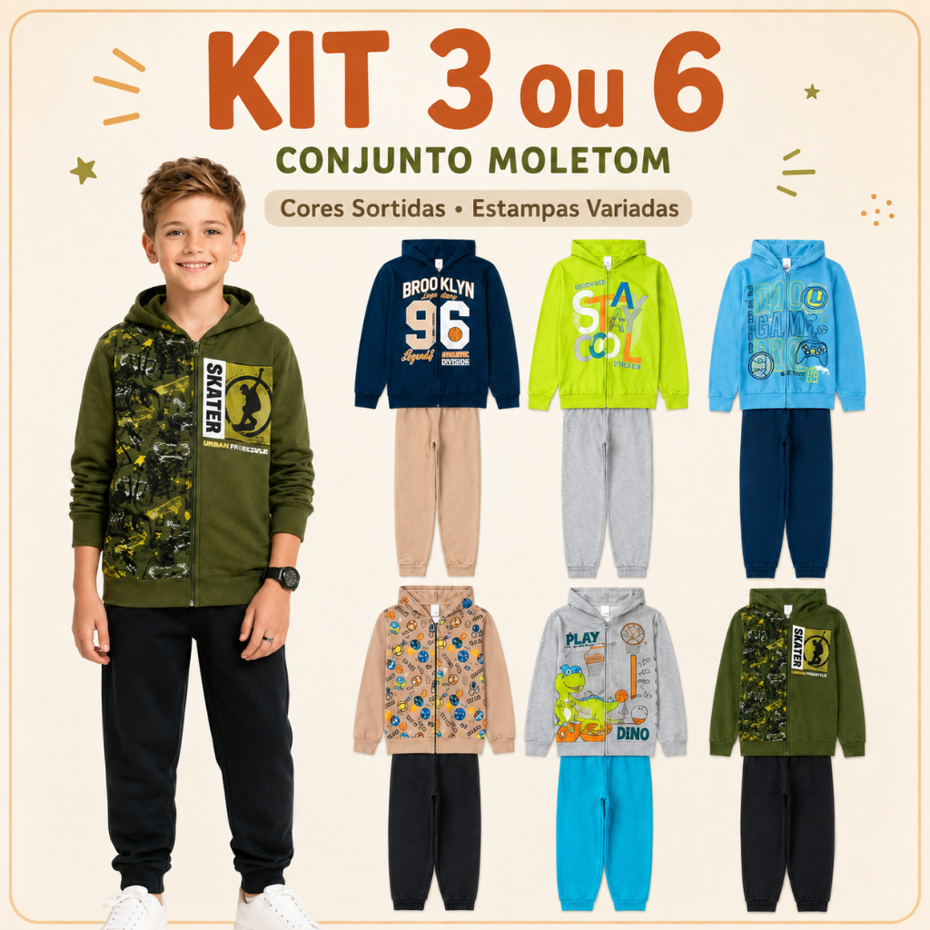 Kit 6 ou 12 Peças (3 ou 6 Conjuntos) Moletom Menino Inverno Roupa Menino Capuz Zíper Tamanho 1 ao 14