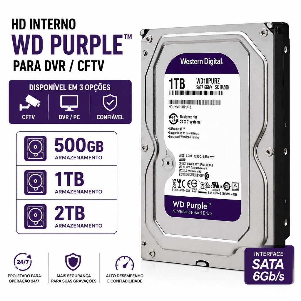 HD WD Purple 500GB 1TB 2TB SATA 3.5 Para DVR NVR CFTV 24/7