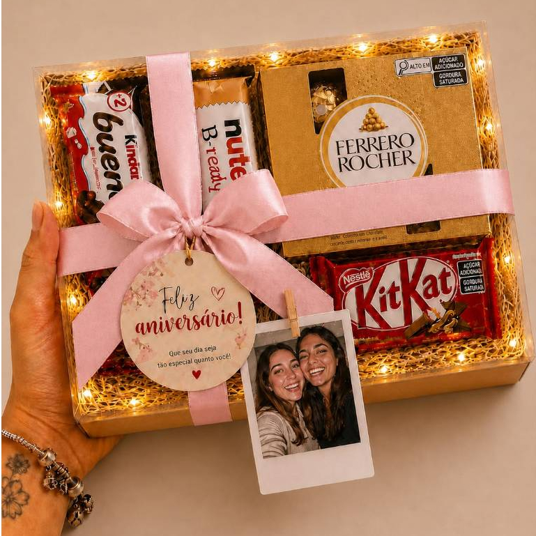 Cesta de Chocolate Aniversário Personalizada com Ferrero Rocher Kinder Bueno Foto Polaroid