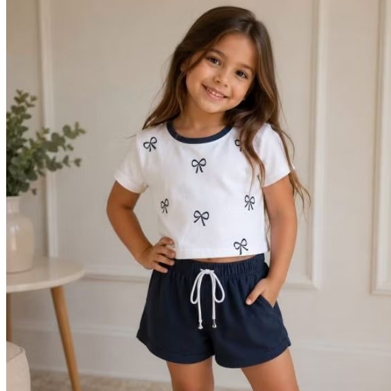 Conjunto Infantil Feminino Malha Algodão - Blusa Estampada (Limão Siciliano, Cereja, Lacinho) e Short (Tam 2 a 8)