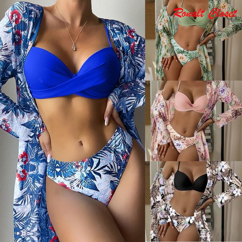 Conjunto de Biquíni Push-Up e Kimono com Estampa Floral - 3 Peças Biquíni Feminino Impresso