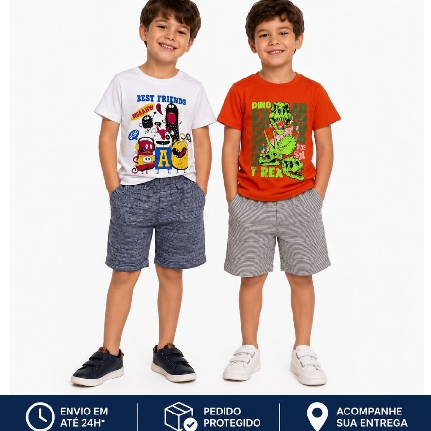 Kit 2 Conjuntos 4 Peças Infantil Menino Verão 2 Blusas E 2 Shorts 100% Algodão Cores E Estampas Sortidas