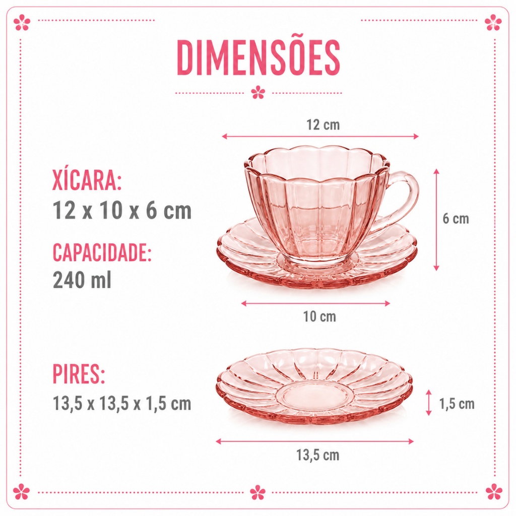 Jogo 6 Xícaras Com Pires Para Chá ou Café Vidro Peach 240ml Hauskraft — imagem 2 de 2