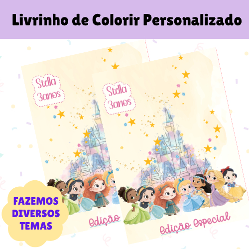 Livrinho de Colorir Princesas Cute Personalizado com Nome e Idade | Lembrancinha Festa Infantil | 10 a 50 unidades