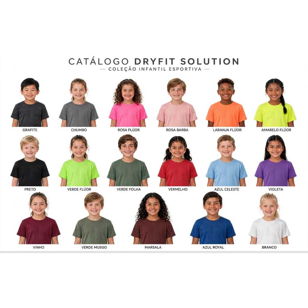 Camiseta Infantil Dry Fit Solution Básica Lisa Sem Estampas