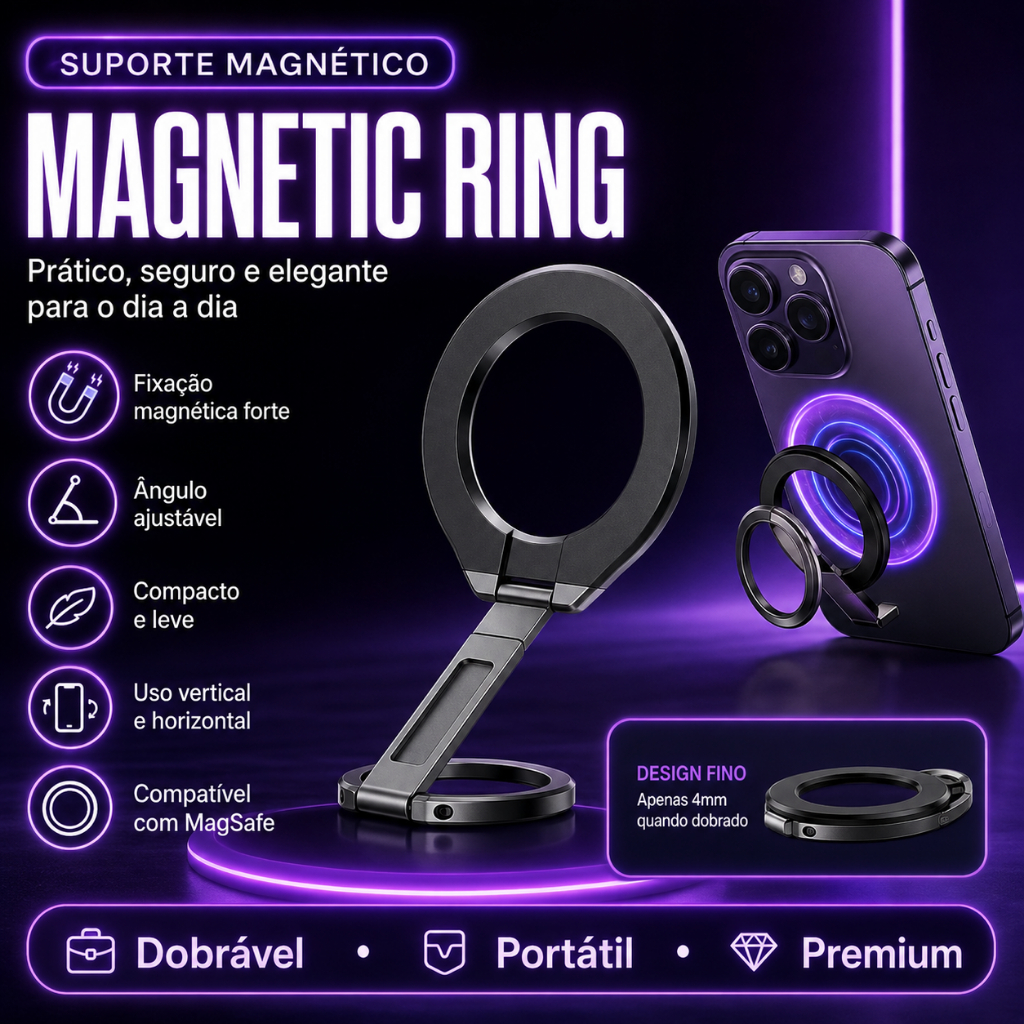 Suporte magnético unilateral, ângulo ajustável, instalação/armazenamento rápido, adequado p/todos os modelos de celular