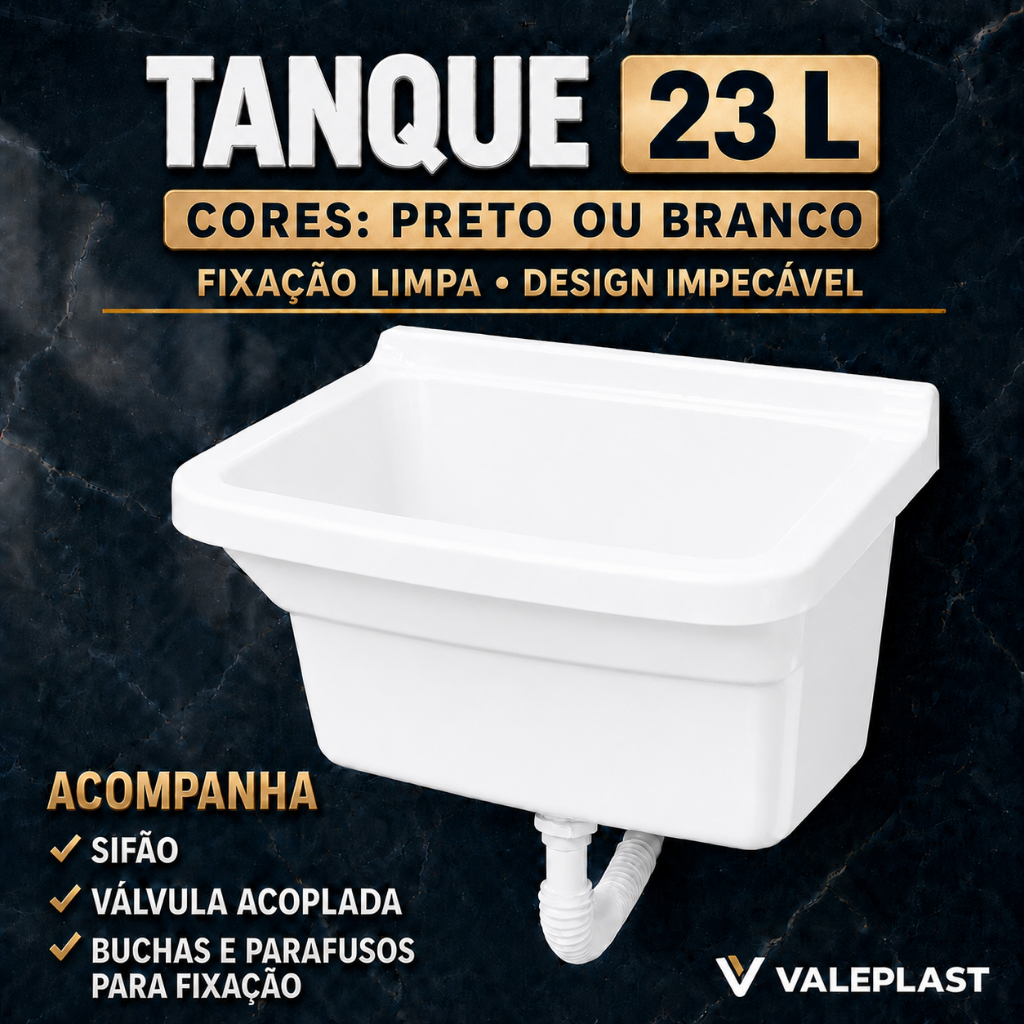 Tanque Plástico 23 Litros Lavar Roupas Lavanderia Completo Kit Instalação Torneira Válvula Acoplada Sifão Bucha Parafuso