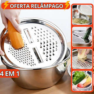 Kit 4 em 1 Bacia Inox com Ralador Fatiador Tigela Saladeira Multifuncional