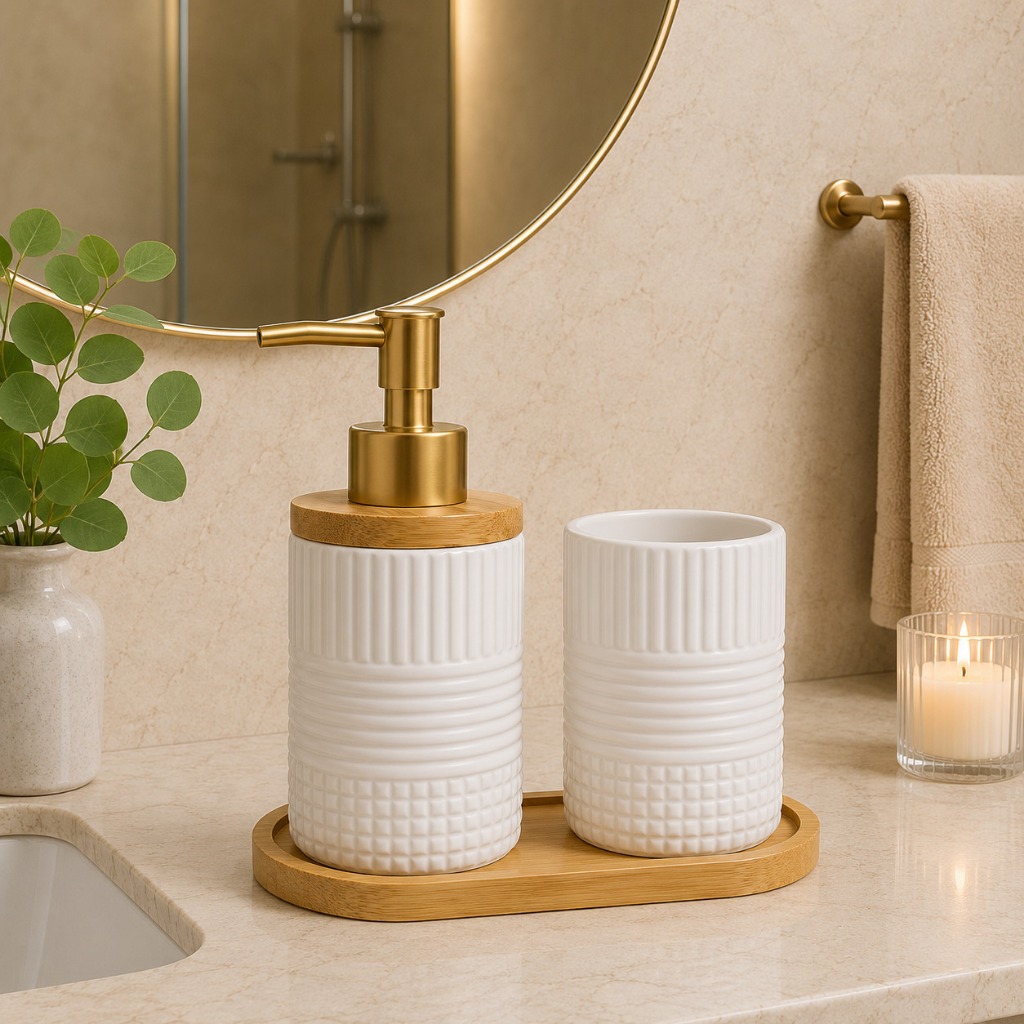 Kit Banheiro Lavabo 3 Peças Dispenser Sabonete Líquido Porta Escova com Bandeja Suporte Bambu Natural