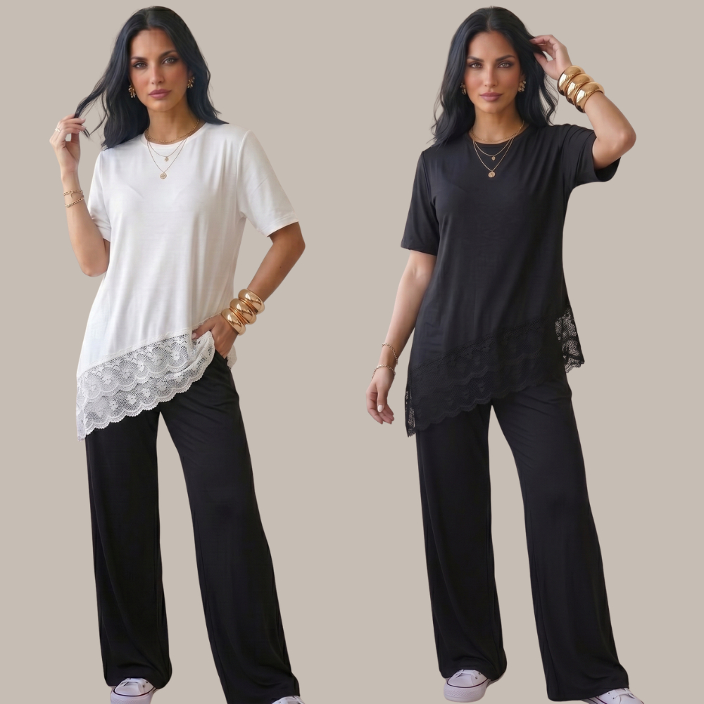 Kit com 2 Conjuntos de Calça Pantalona e Max Blusão Tee com Detalhe Assimétrico com Renda