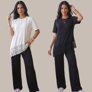 Kit com 2 Conjuntos de Calça Pantalona e Max Blusão Tee com Detalhe Assimétrico com Renda