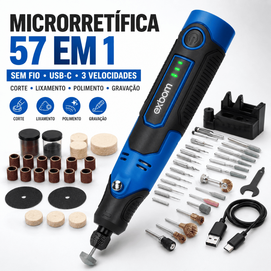 Mini Retífica 57 em 1 Portátil Multifuncional Sem Fio Recarregável USB-C 17000 RPM Para Artesanato Polimento Gravação