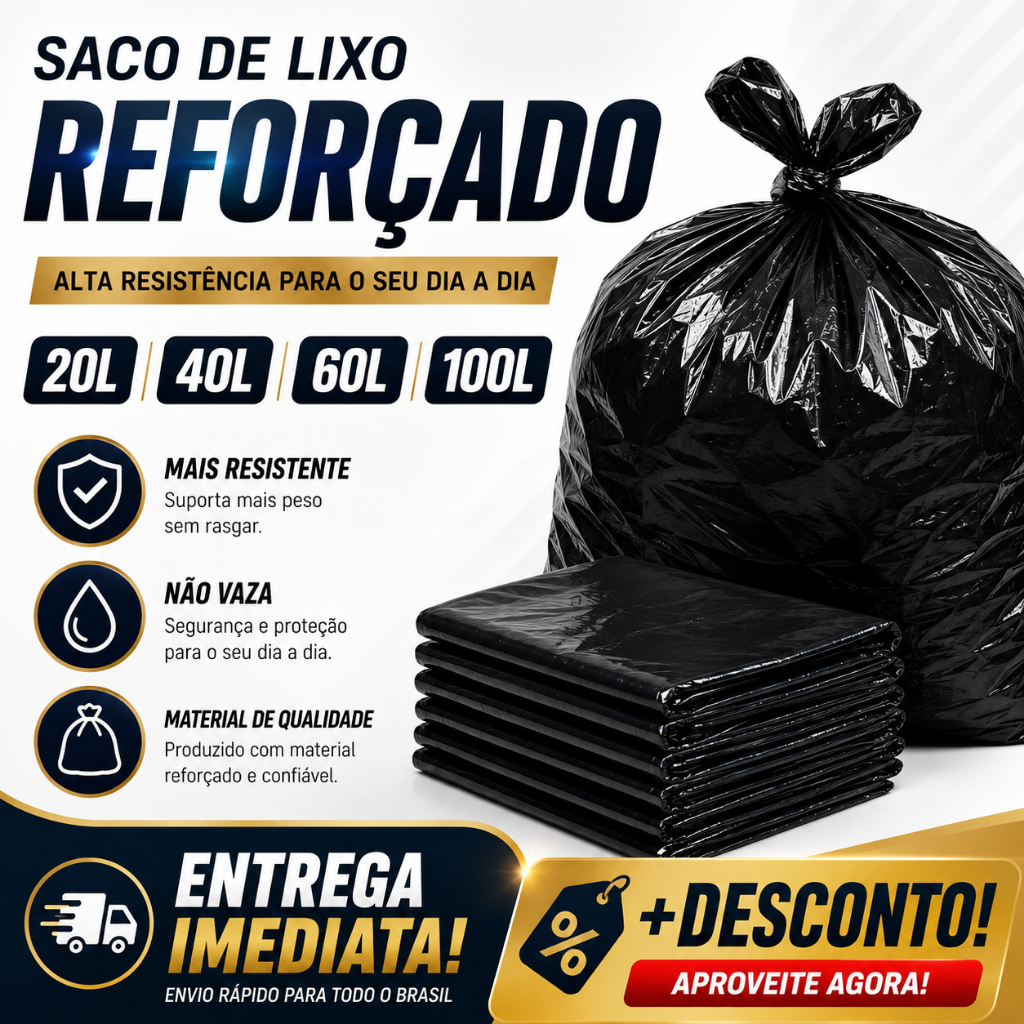 Saco de Lixo Preto Super Reforçado Resistente Grosso 20L 40L 60L 100L Uso Pesado e Doméstico