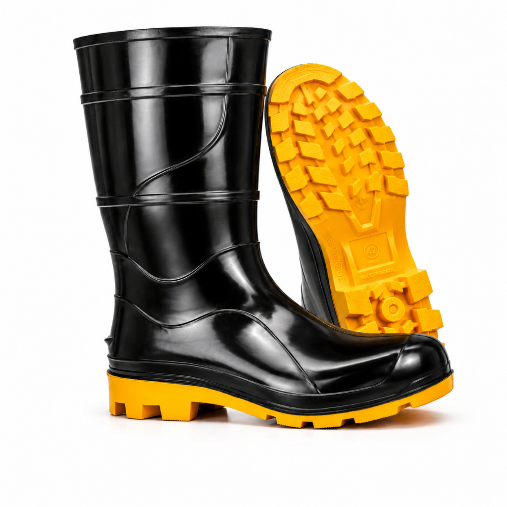 Bota Galocha PVC Cano Médio Preta/Amarela Borracha Impermeavel Antiderrapante com CA Motoboy e Servicos Gerais