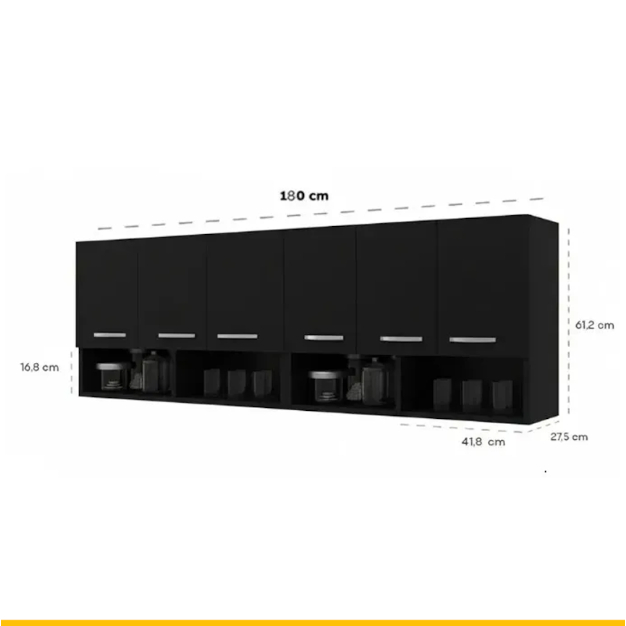 Armário Modular Suspenso 6 Portas 2 Nichos 176cm Cozinha Branco Preto Off White Moderno