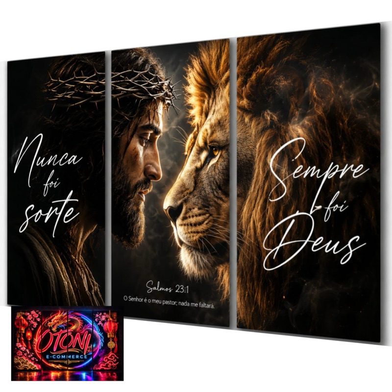 Quadros Decorativos Leão De Judá e Jesus Cristo Religioso Nunca Foi Sorte Sempre Foi Deus 3 Peças Decoração Sala Quarto