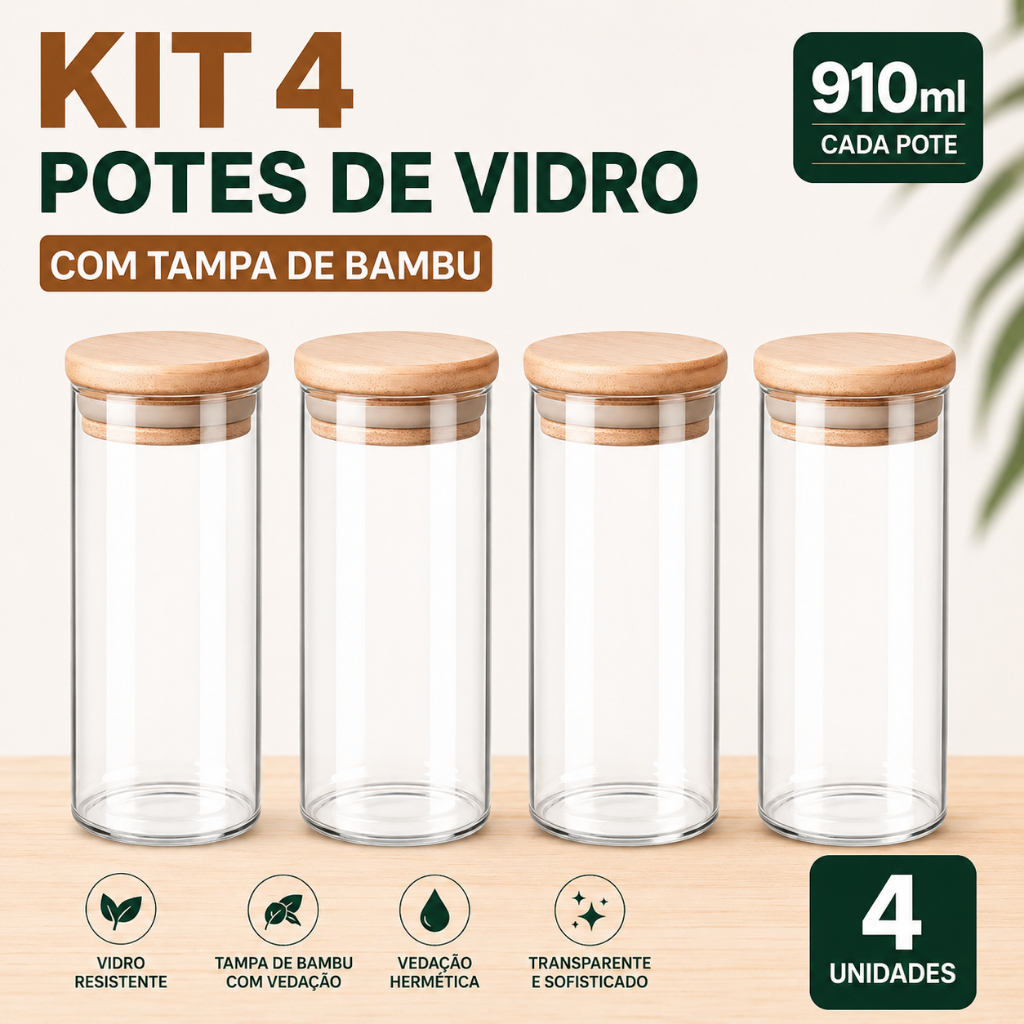 Kit 4 Porta Mantimentos  Vidro com Tampa de Bambu Potes Organizador recipiente Cereais Cozinha 910ml
