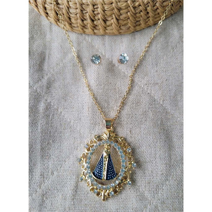 Colar corrente gargantilha folheada folheado ouro com pingente strass Nossa Senhora Aparecida MODELOS