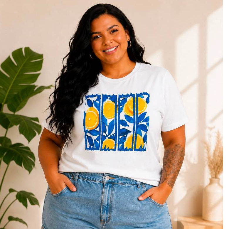 Camiseta Plus Size Feminina Citrus Tendência Estampa Verão 100% Algodão G1 G2 G3 Moda Feminina T-Shirt Confortável