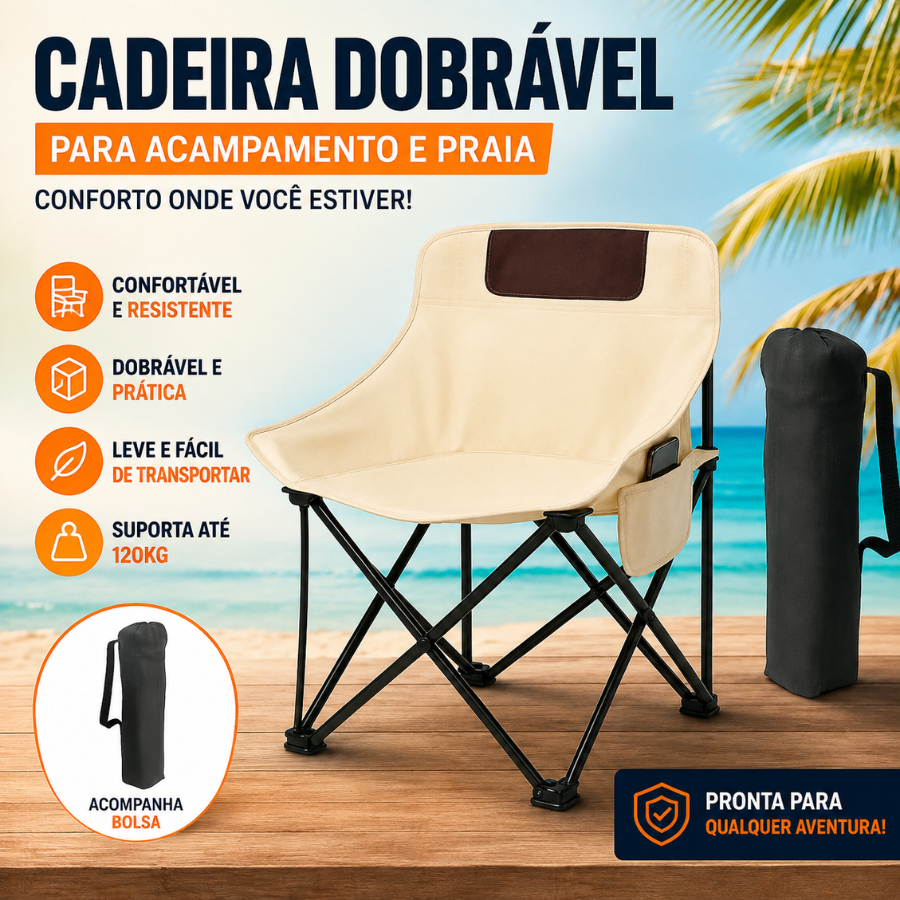 Cadeira Camping Dobrável em Aço para Pesca Praia com Porta Copos e Bolsa