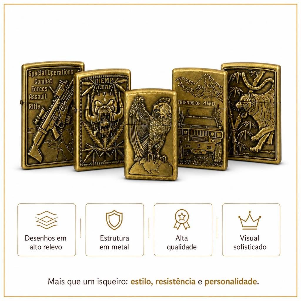 Isqueiro Recarregável Metal Alto Relevo Vintage Premium Tipo Zippo Retro Dourado Alto Relevo