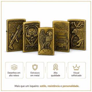 Isqueiro Recarregável Metal Alto Relevo Vintage Premium Tipo Zippo Retro Dourado Alto Relevo