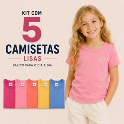 Kit 5 Camisetas Infantil Menina Algodão Básicas Lisas Coloridas Confortáveis Delicadas e Versáteis