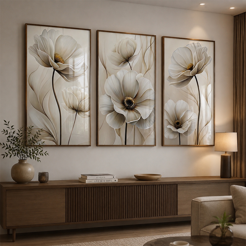 Quadro Decorativo Primavera Eterna Floral Com Moldura 3 Telas Sala Quarto