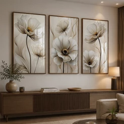 Quadro Decorativo Primavera Eterna Floral Com Moldura 3 Telas Sala Quarto